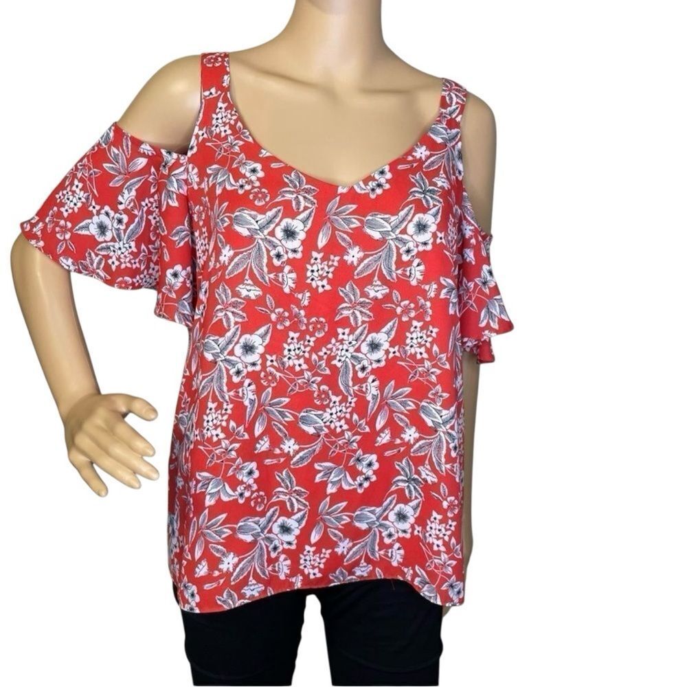 Emma & Olivia Cold Short Flutter Sleeve Floral Blouse Orange White Black Large